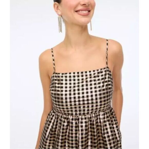 J. Crew Lurex Black & Gold metallic threads gingham tiered mini dress - Picture 3 of 12